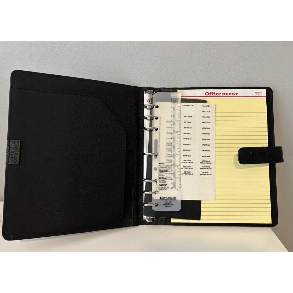 Vintage Day Timer Planner Binder Cover Black Pebbled Leather 7-Ring Memo Pad